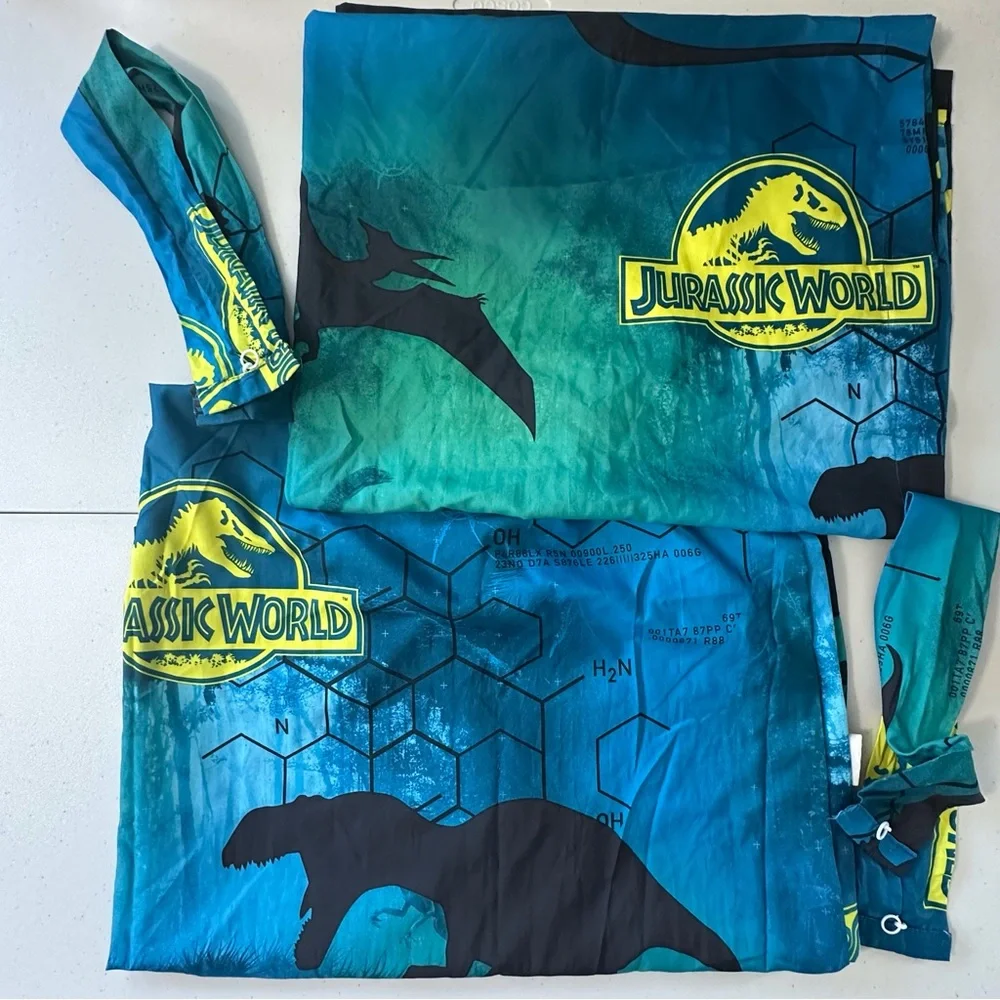 Lot of 2 Jurassic World curtains w/ ties approx 64”x39.5”‎ blue yellow green